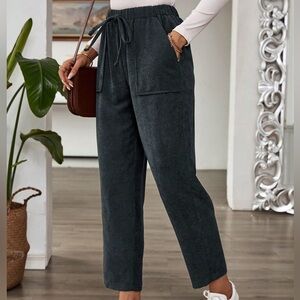 Casual Belted Elastic Straight Leg Corduroy Pants